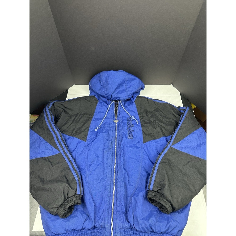 Vintage Adidas Originals Jacket Mens Large Black Blue Hooded Ski Nylon 90s